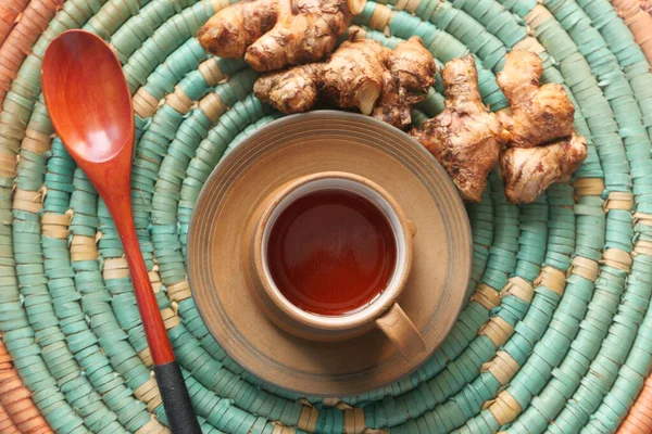 Top view of ginger tea on wooden background. — Stock Photo, Image