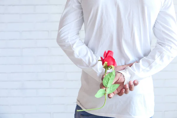 Mano hombre no reconocido sosteniendo flor de rosa sobre fondo blanco —  Fotos de Stock