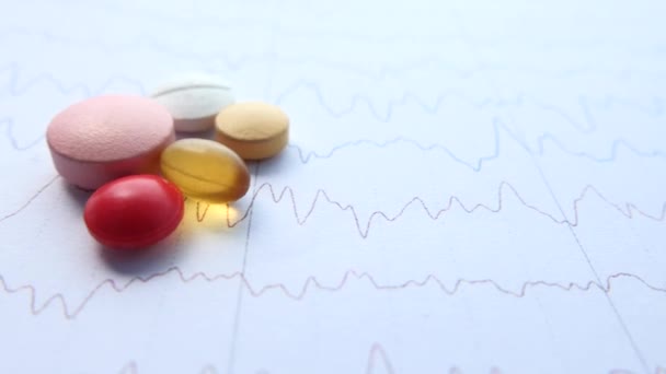 Verschreibungspflichtige Medikamentenpillen auf einem Kardiodiagramm. — Stockvideo