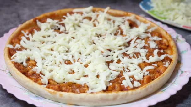Η ιδέα της παραγωγής σπιτικής πίτσας βάζοντας τυρί στην πίτσα — Αρχείο Βίντεο