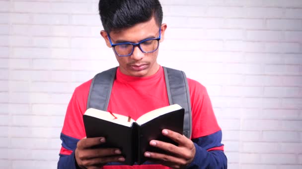 Молодий чоловік з рюкзаком читає книгу — стокове відео