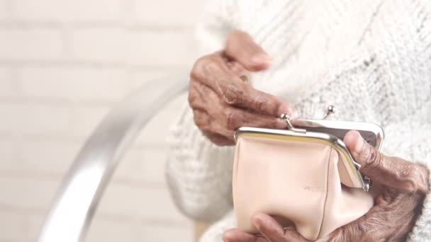 Äldre kvinnor hand spara mynt i en handväska — Stockvideo
