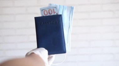 Koruyucu maske, el dezenfektanı ve mavi renkli pasaport. 