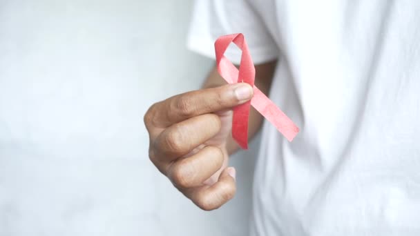 Handen håller rött HIV-band med kopieringsutrymme — Stockvideo