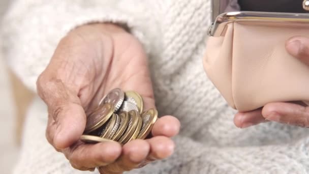 Primer plano de las mujeres mayores que ahorran monedas en un frasco — Vídeo de stock