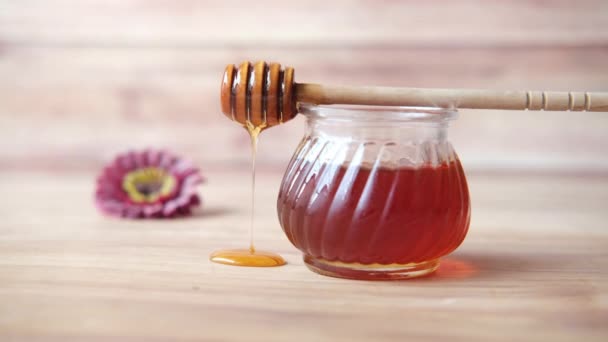 Close up of fresh honey with spoon on table — стоковое видео