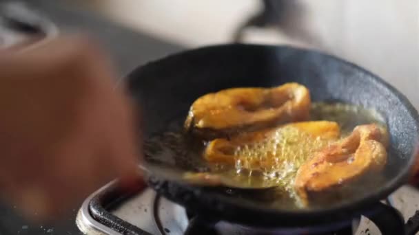 Close-up van zelfgemaakte indiase curry vis. — Stockvideo