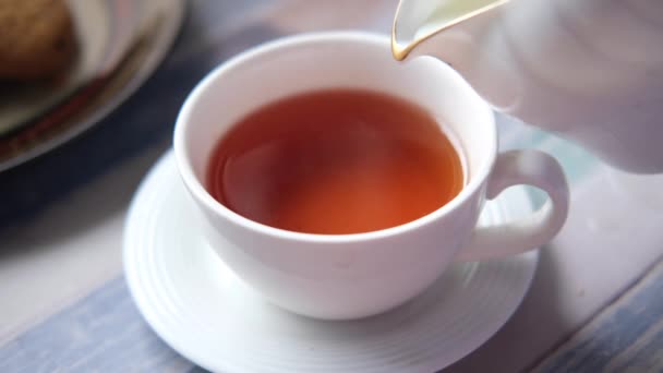 Nahaufnahme des Einfüllens von Milch in eine Teetasse — Stockvideo