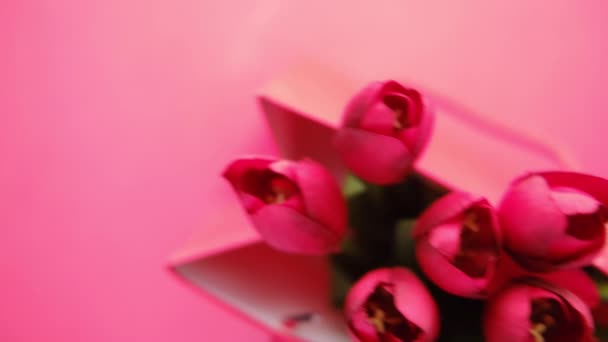 Cor vermelha flor de tulipa em um saco de compras no fundo vermelho com espaço de cópia — Vídeo de Stock