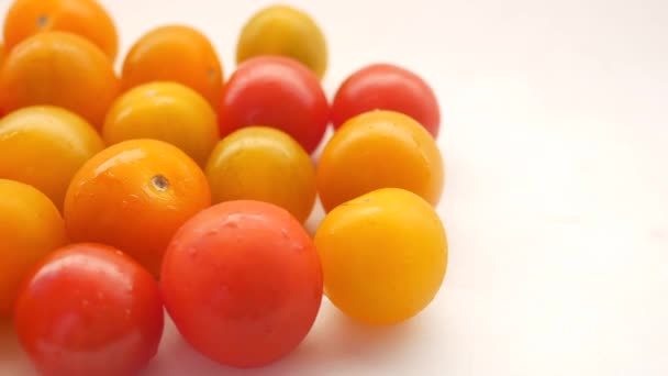 Tomate cereza colorido sobre fondo blanco — Vídeos de Stock