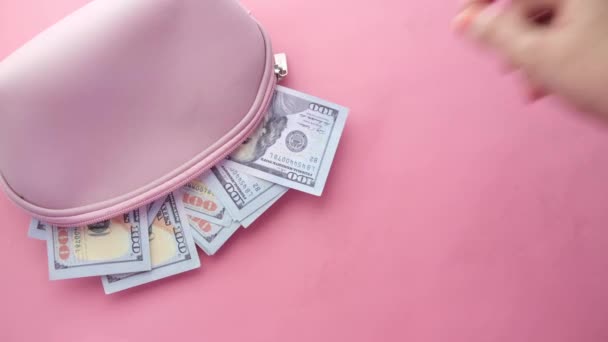 Kvinnor hand plocka oss dollar från en plocka färg plånbok — Stockvideo