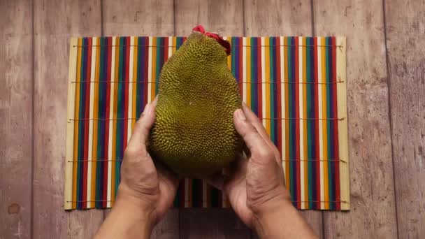Puncak tampilan genggam sebuah jackfruit di atas meja. — Stok Video