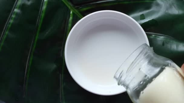 Olej kokosowy w pojemniku i liść na stole — Wideo stockowe