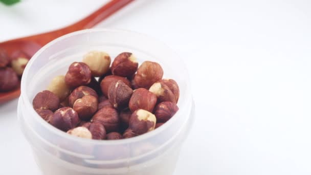 Hazelnuts in a container on white background, — Stock Video