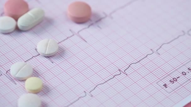 Pastillas médicas de prescripción en un diagrama de cardio. — Vídeos de Stock