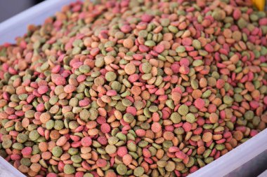 Çeşitli renkli evcil hayvan mamaları bir konteynırda üst üste yığılır..