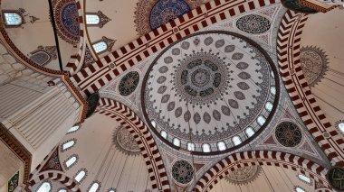 Renkli desenler ve ayrıntılı sanat eserleri caminin tavanını süslüyor..