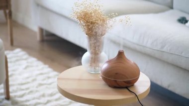 Ahşap difüzör ve kurumuş çiçeklerin yer aldığı sakin bir ortamın tadını çıkarın..