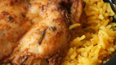Lezzetli pirinçli baharatlı tavuğun tadını çıkarıyorum. ,