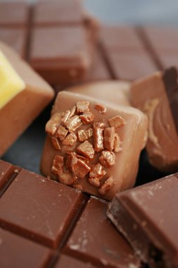 Farklı aromalı ve malzemeli çeşitli çikolatalar bir arada sergileniyor..