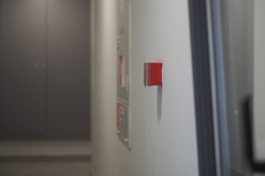Duvarda loş bir koridorda kırmızı alarm düğmesi var..