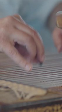 Sanatçı ustalıkla bir müzik aletinin tellerini içeriden çekiyor..