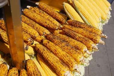 Mısır koçanları güzelce ızgara yapılır ve bir market tezgahında alıcıları bekler..