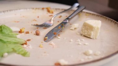 Tabakta marul ve peynirli lezzetli bir yemeğin kalıntıları var..