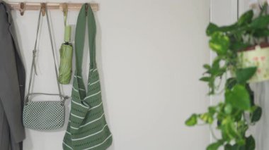 Parlak girişte kolay erişim için organize çantalar ve asılı bitkiler yer alıyor.