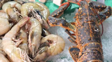 Yaz pazarında renkli karides ve ıstakoz seçimi.