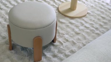 Yuvarlak bir şilte, parlak bir oturma odasında dokulu bir halıya oturur..