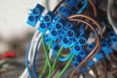 Mavi kablo konnektörleri çeşitli elektrik kabloları arasında düzenlenir.