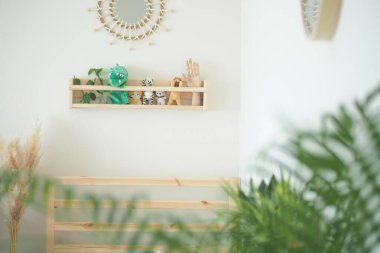 Colorful toys and plants are arranged neatly on a wooden shelf.