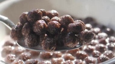 Lezzetli bir kahvaltı için çikolatalı gevreği süte dolduruyorum..