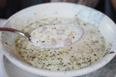 Bir kaseden servis edilen kremalı çorba ve bitkiler..