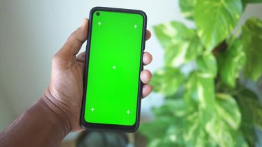 Kapalı alandaki bir bitkinin yanında yeşil ekranlı bir telefon tutan bir kişi..