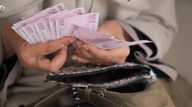 İnsan alışveriş için yerel bir pazarı ziyaret ettikten sonra nakit sayar.