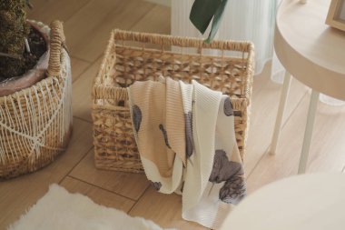 Yumuşak bir battaniye, odadaki bir bitkinin yanındaki dokuma sepetinin üzerinde duruyor..