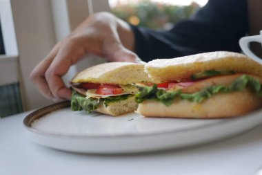 A hand reaches for a sandwich on a plate with vegetables inside.
