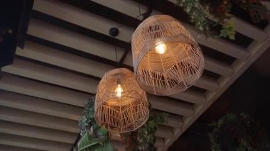 Yakında bitkiler olan bir kafede ışıklar tavandan sarkıyor..