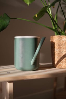 Yeşil bir sulama tenekesi saksı bitkilerinin yanındaki ahşap bir masada oturur..