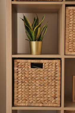 Bir raf ünitesi depolama için kullanılan bir bitki ve dokuma sepetini gösterir.