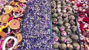 Ziyaretçiler kurumuş çiçek ve meyvelerle dolu bir pazarı keşfediyorlar..