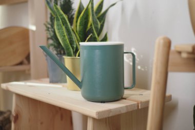 Bir sulama kabı iki bitkinin yanındaki ahşap bir masada..