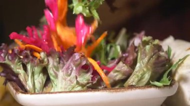 Sebze doğramak ve taze sebzeleri bir kasede karıştırmak..