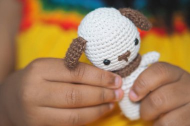 Bir çocuk kahverengi kulaklı küçük bir köpek oyuncağı gösterir..