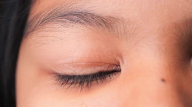 Bir çocuk doğrudan kameraya bakar ve göz detaylarına odaklanır..