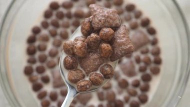 Bir kaşık mısır gevreğini sütle kaldırır. Sabahlar için basit bir kahvaltı seçimi..