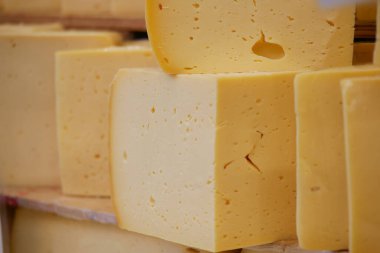 Sarı peynir kalıpları pazardaki bir masaya dizilir..