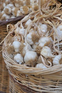 Sonbaharda markette içi taze sarımsak dolu sepetler..